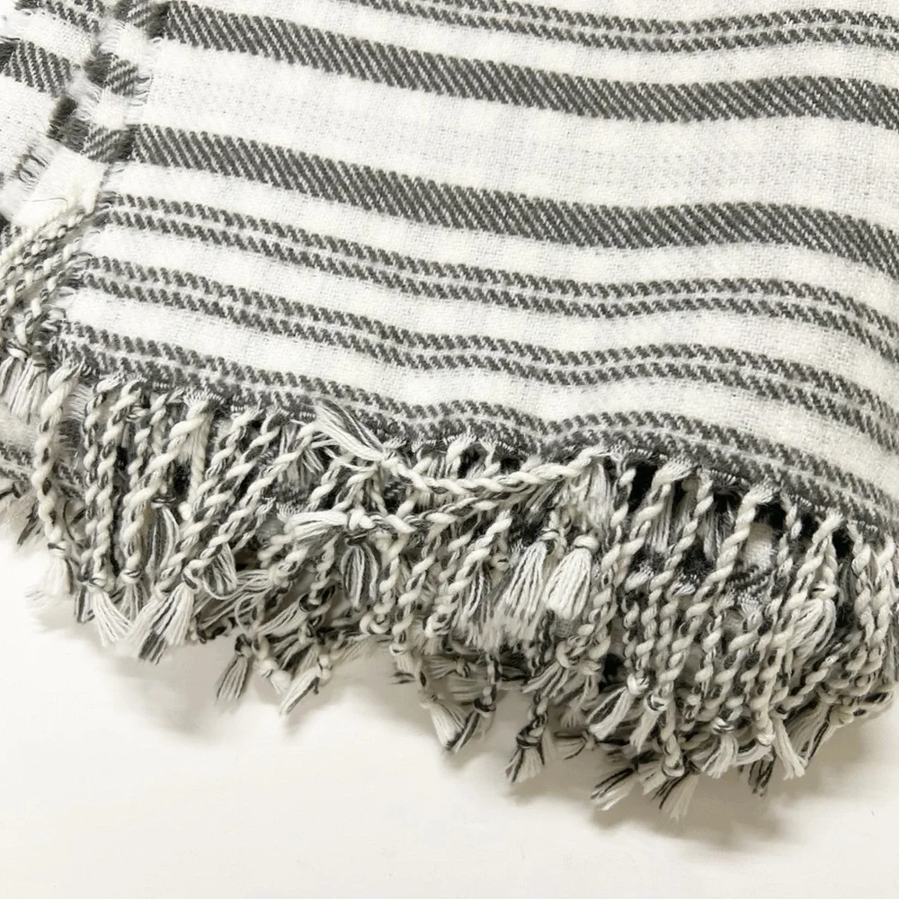 Pottery Barn Home Gray White Striped Gingham Gray Ivory Fringe Throw Blanket
